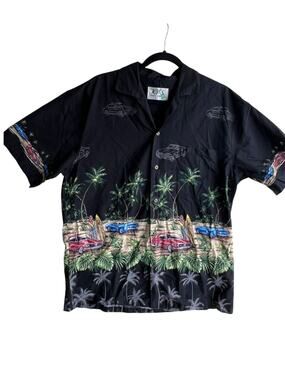 Vintage 80s Kys Hawaiian Shirt Men's Black Tropical Muscle Cars Palm Tree LARGE